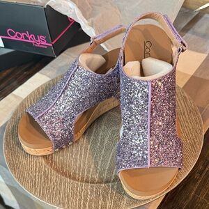 Corkys Chunky Lavender Glitter Wedges New